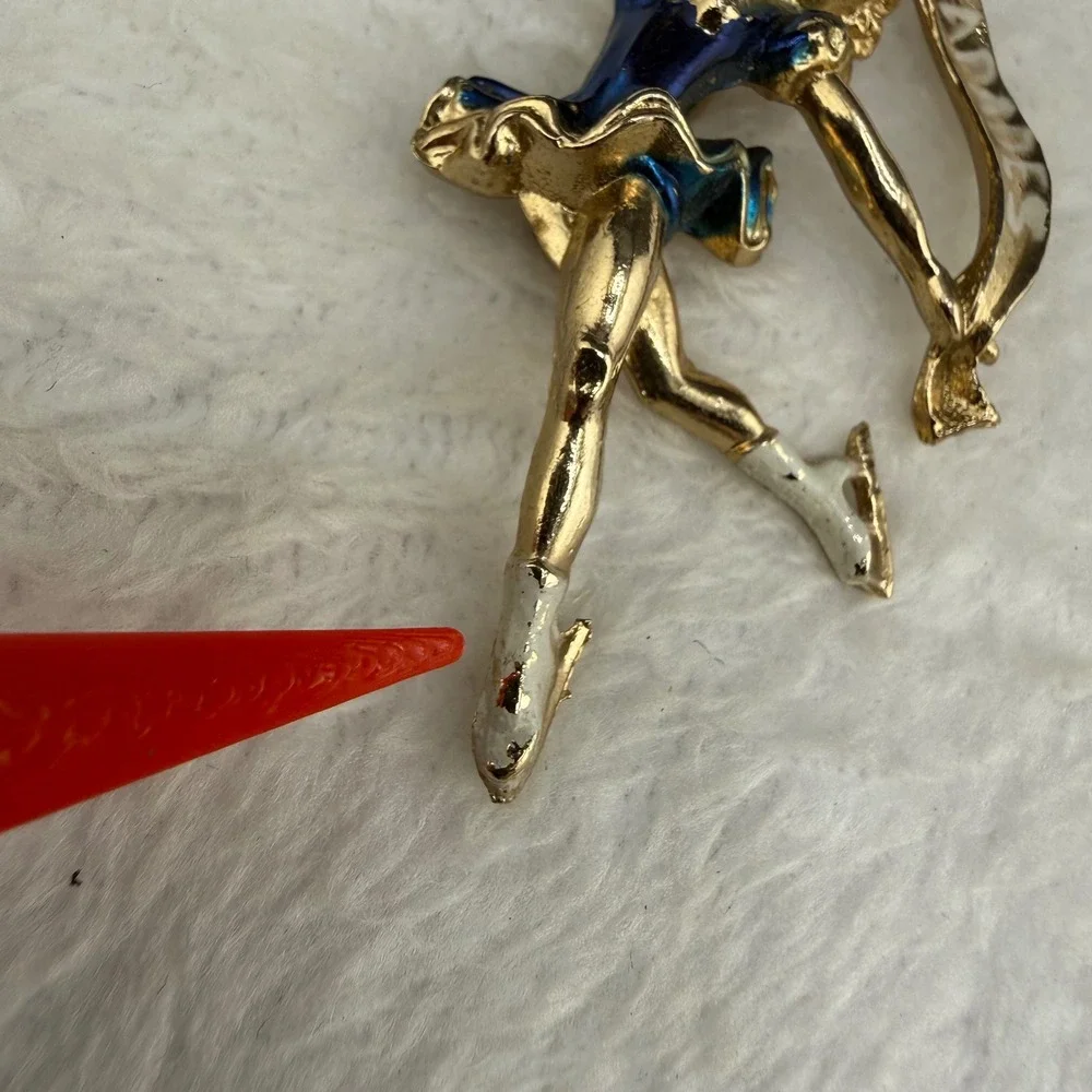 Vintage Ice Capades Brooch Gold Blue Enamel Figure Skater Banner Pin